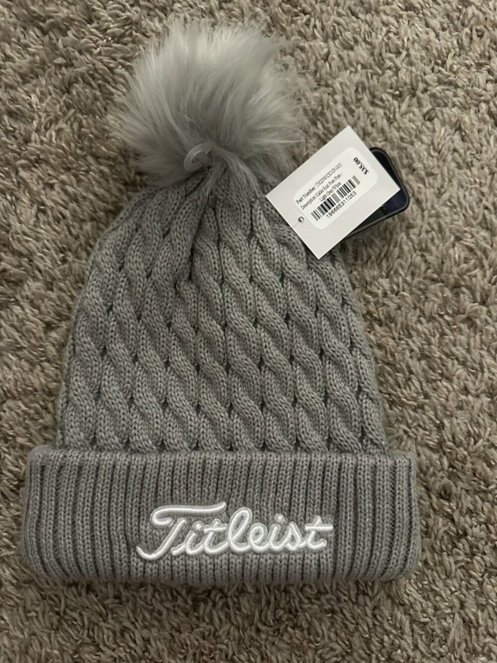 Titleist Cable Knit Golf Beanie Hat Pom Gray Stocking Cap One Size New